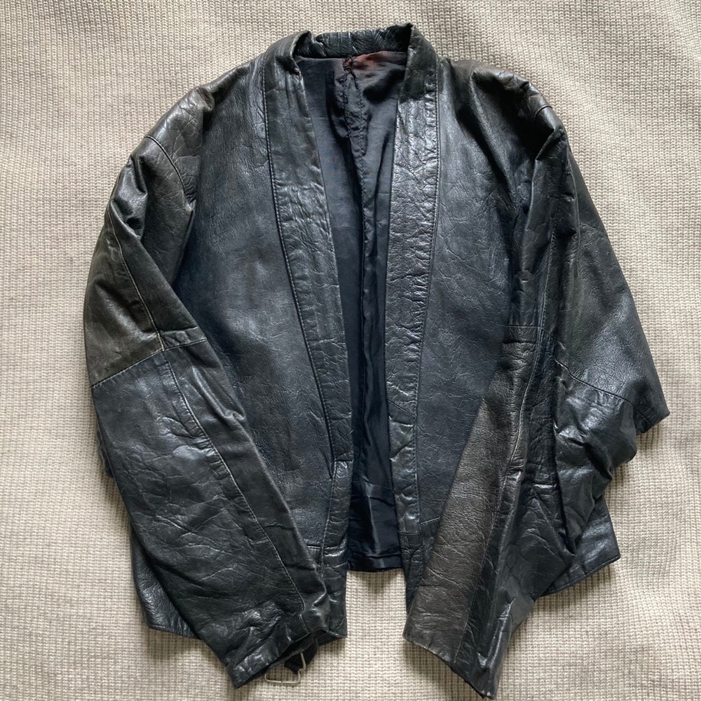 Vintage Black Leather Bomber Coat - 80s